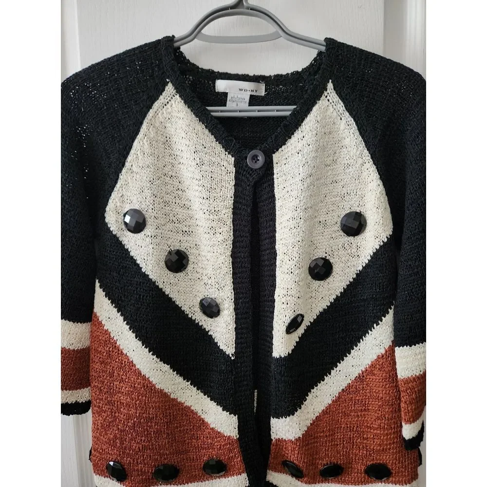 WD-NY Womens Knit Cardigan 3/4 Sleeve Single Button Closure Cotton Blend Black S